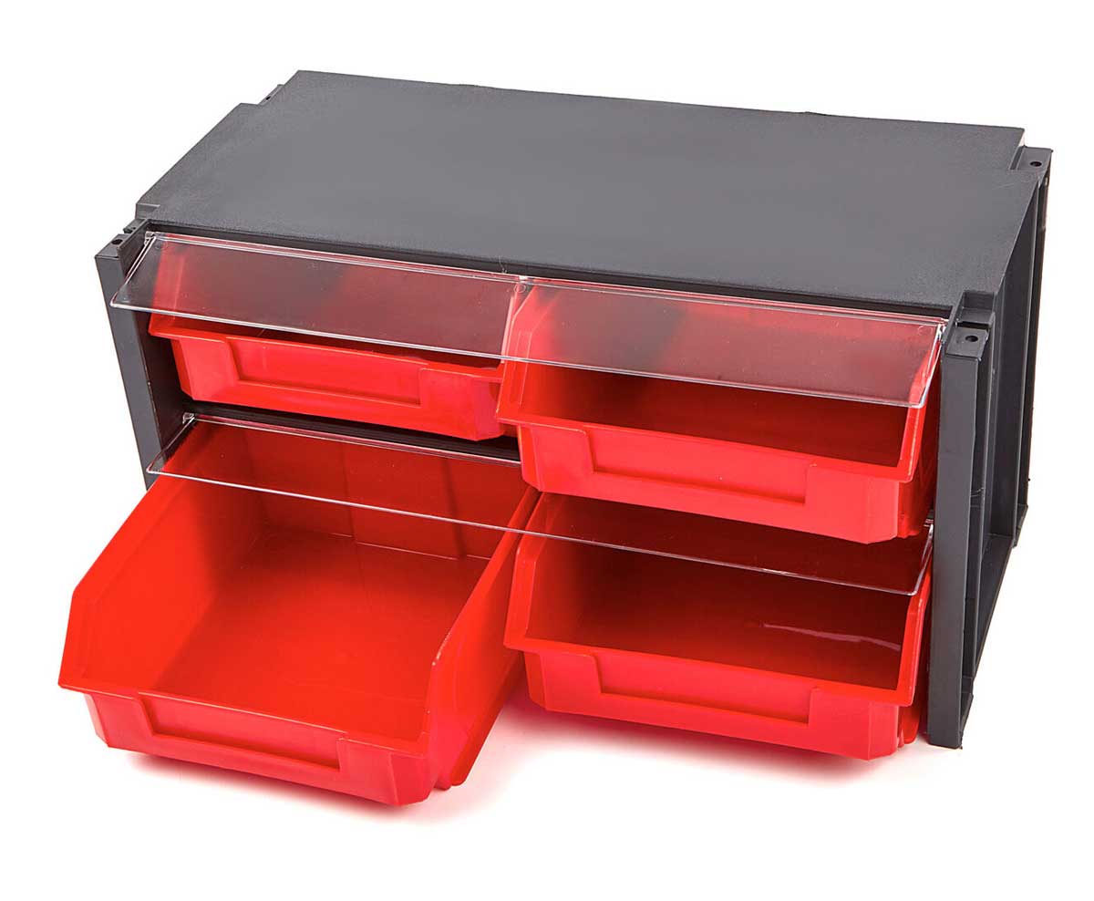 Plastový úložný kontejner / box se 6 zásuvkami a plexi krytem proti prachu