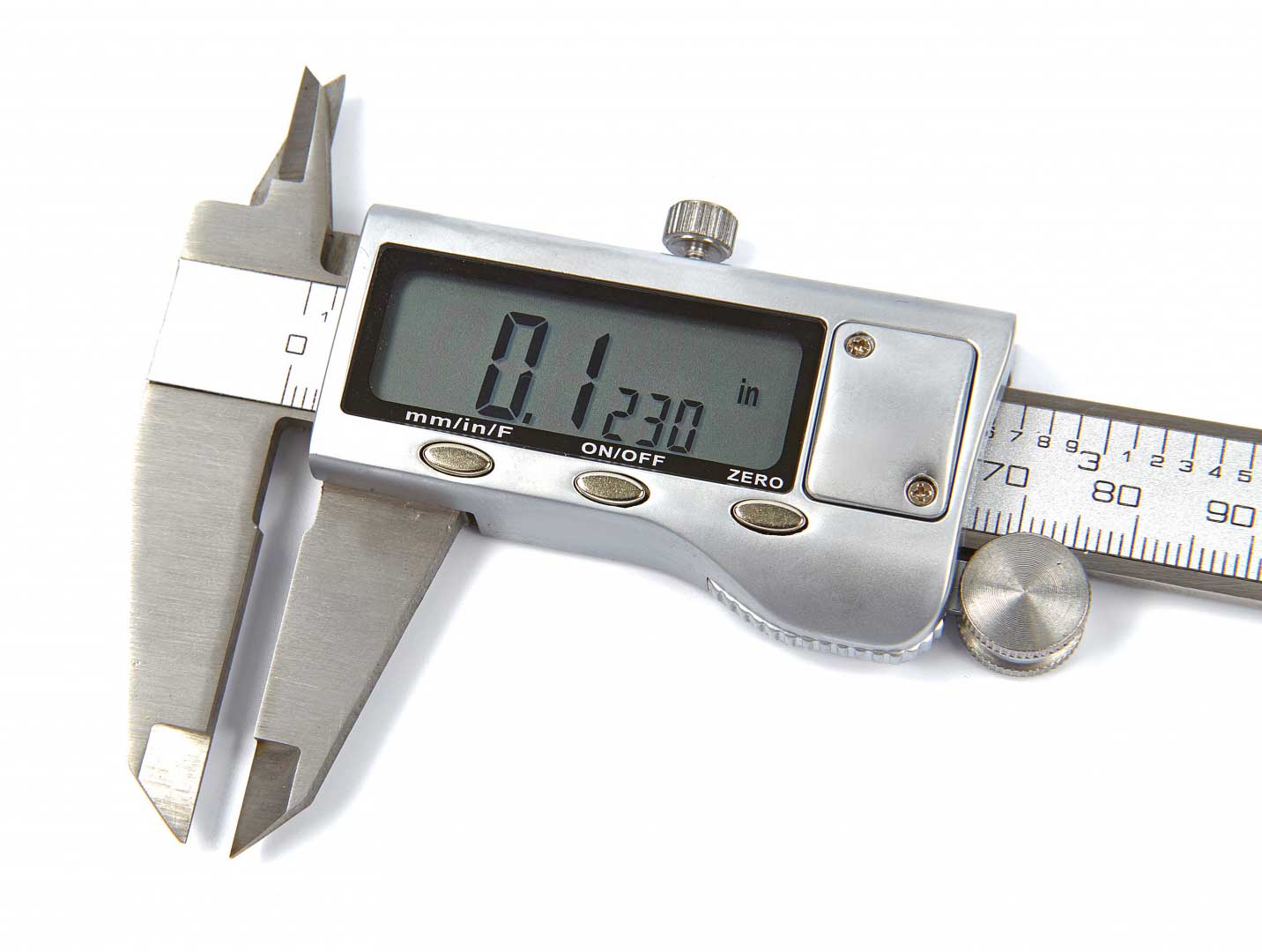 Měřítko posuvné digitální 100 mm, mm/inch, posuvné kolečko pro nastavení palcem, kovové tělo, zobrazení i pro palcové zlomky