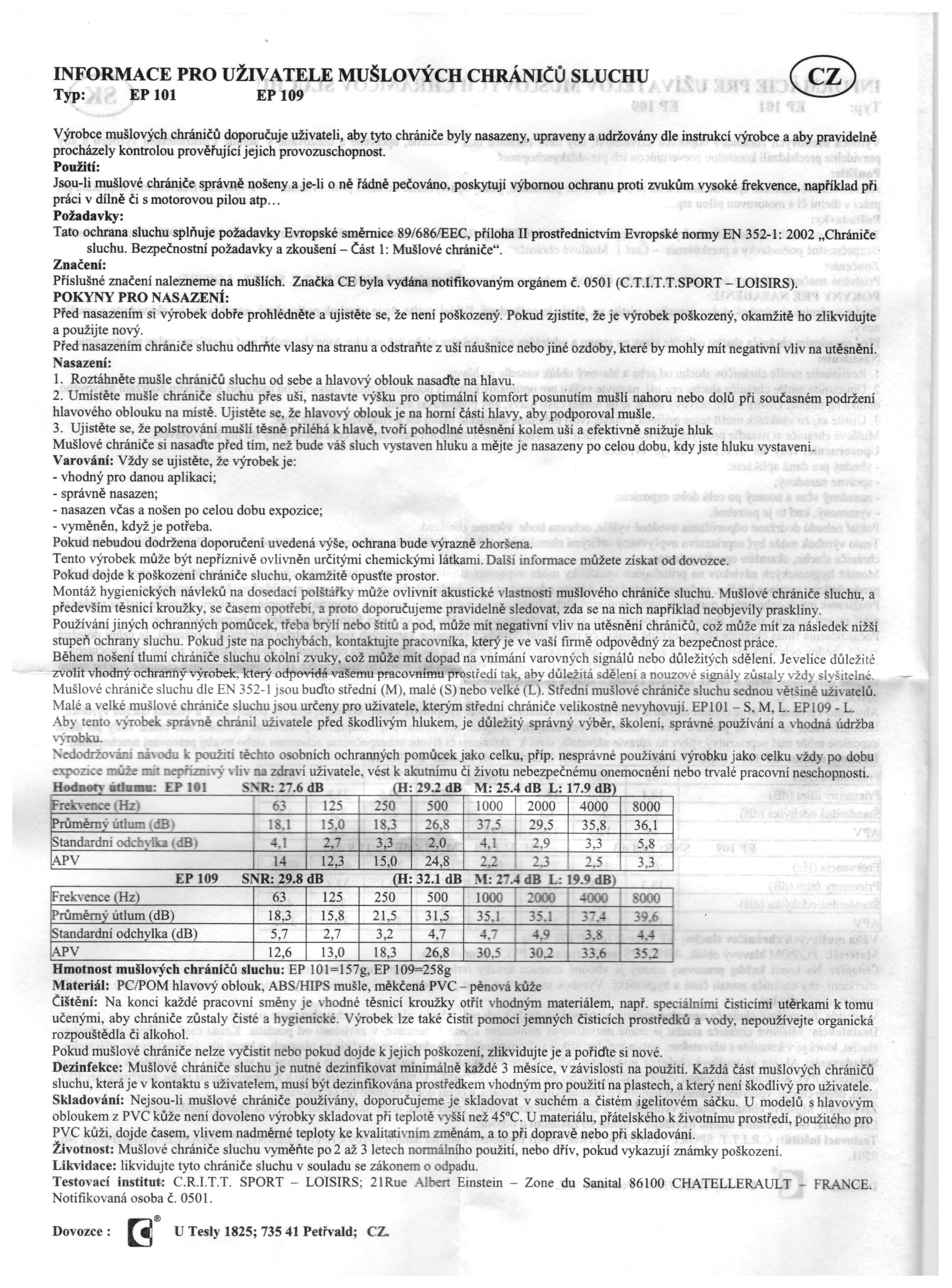 Sluchátka na ochranu sluchu EP109-56, útlum až 29dB, CXS