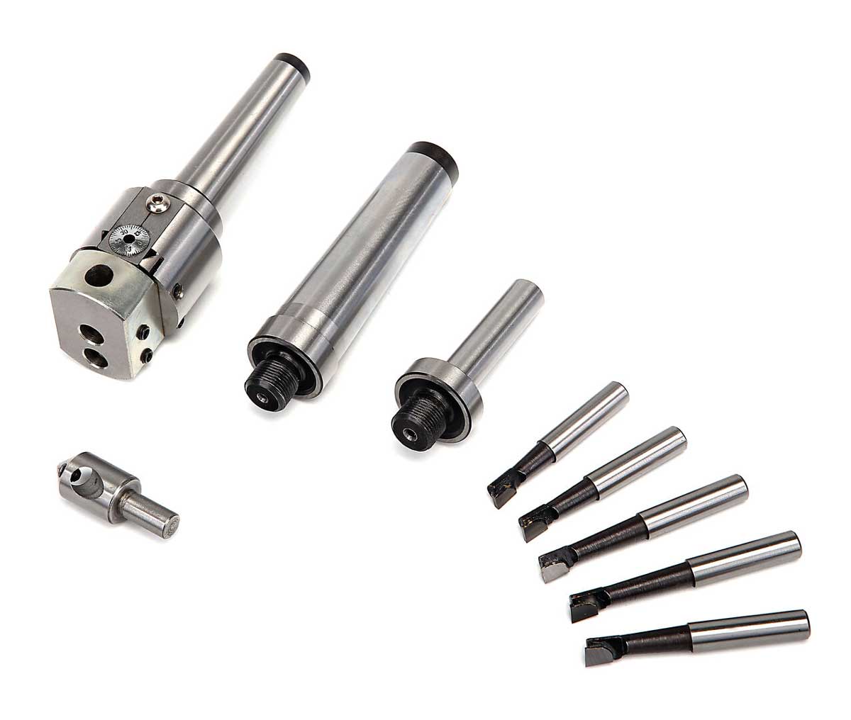 Off-set vyvrtávací hlava s výměnnými kužely MK2 / MK3 a stopkou 12 mm, průměr hlavy 38 mm, včetně karbidových nožů, sada 10 dílů