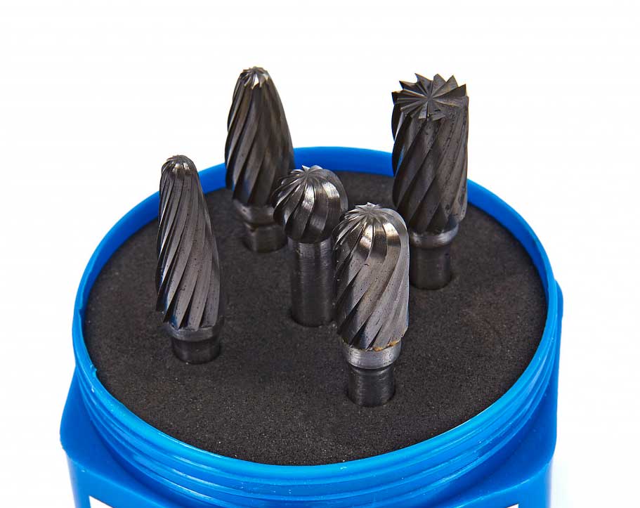 Karbidové stopkové frézy různých tvarů, stopka 6 mm, průměr 10 mm, pro neželezné materiály, 5 ks