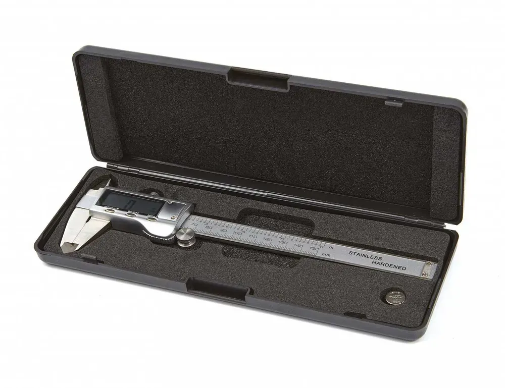 Měřítko posuvné digitální 150 mm, mm/inch, posuvné kolečko pro nastavení palcem, kovové tělo, zobrazení i pro palcové zlomky