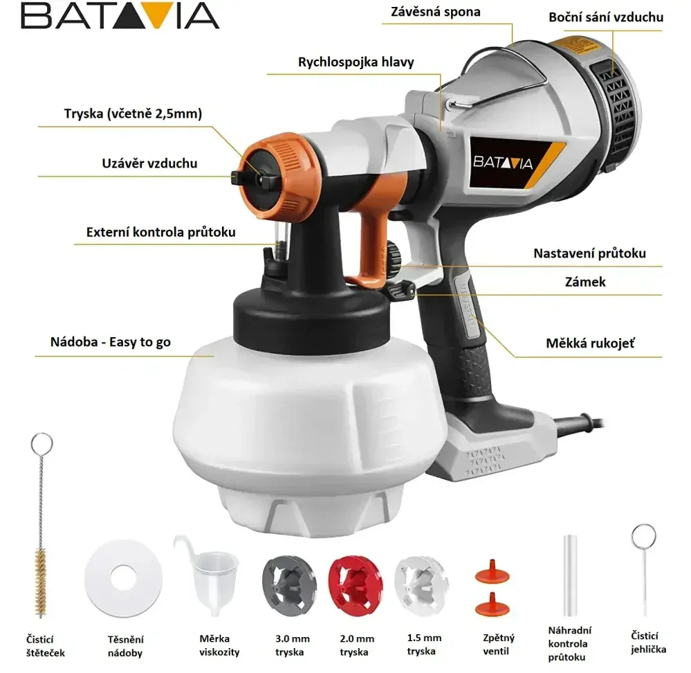 Malířská stříkací pistole, pro barvy, laky, mořidla, příkon 500W, nádoba 1200ml, výkon 700ml./min., viskozita 100 DIN, napětí 230V, včetně příslušenství. MAXXSPRAY BATAVIA 7063912