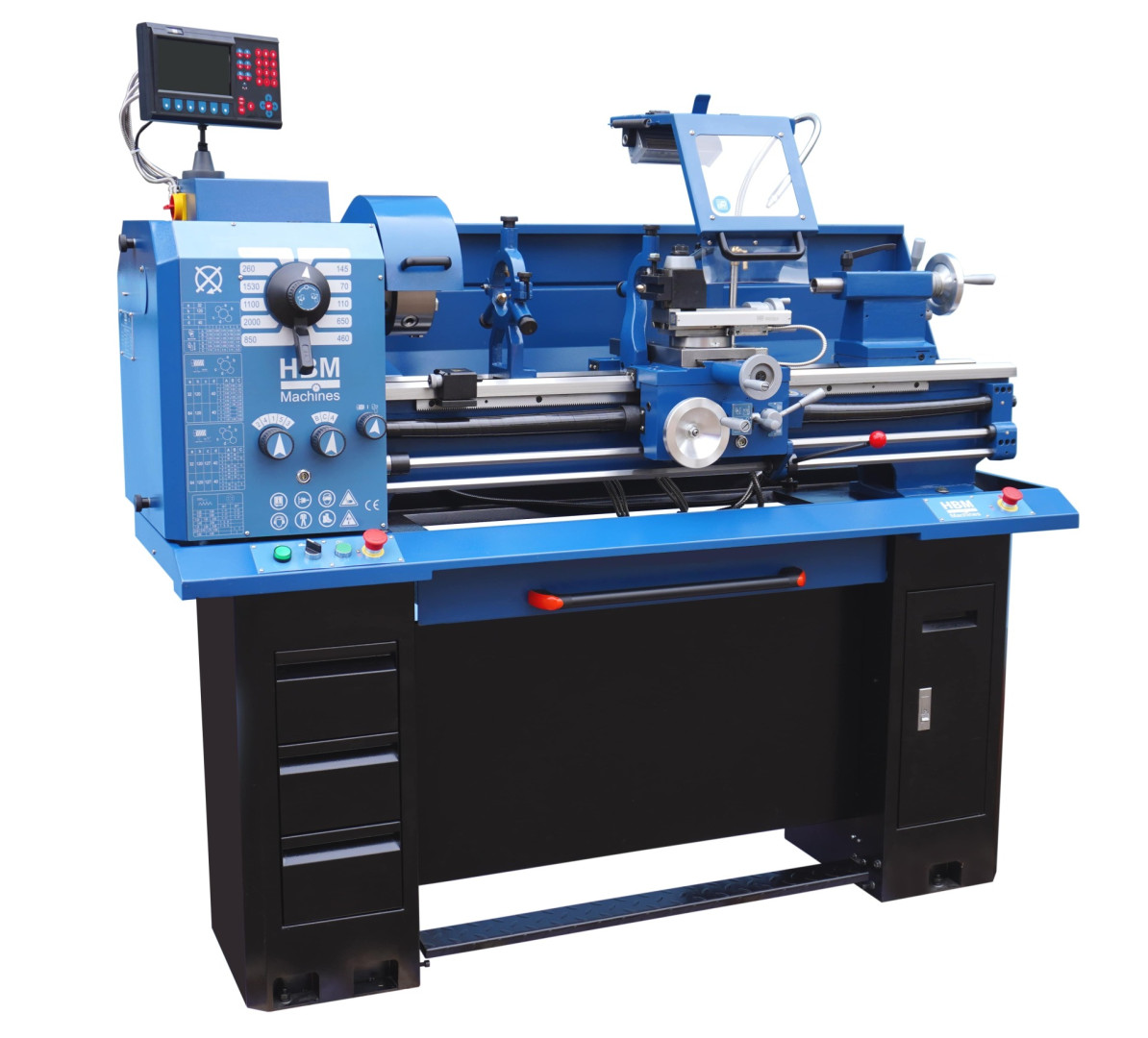 HBM 330 x 1000, klasický hrotový soustruh na kov s převodovkou, 3-osé digitální odměřování s LCD, motor 1.8 kW, 550 kg, 230 V