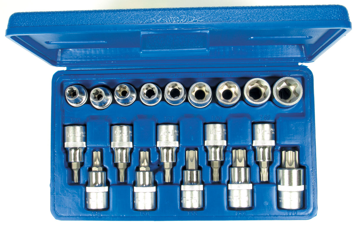 Hlavice zástrčné a nástrčné 1/2" Torx T20-T70, E-profil E10-E24, 19 dílů, Triumf
