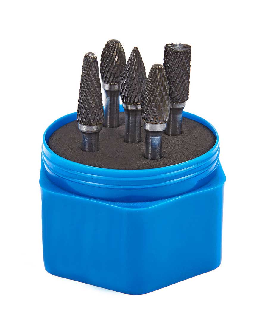 Karbidové stopkové frézy různých tvarů, stopka 6 mm, průměr 10 mm, 5 ks