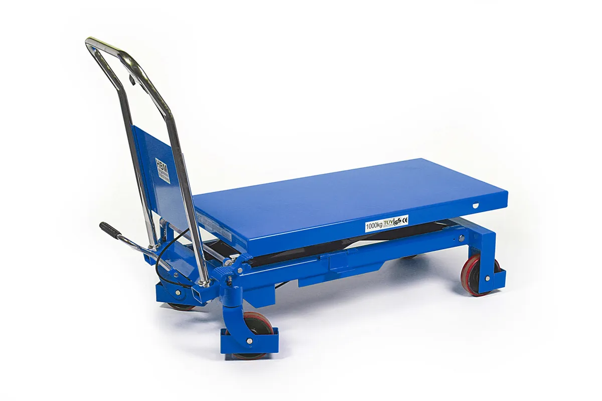 Robustní manipulační vozík s hydraulickým stolem, nosnost až 1000 kg, hmotnost 125 kg