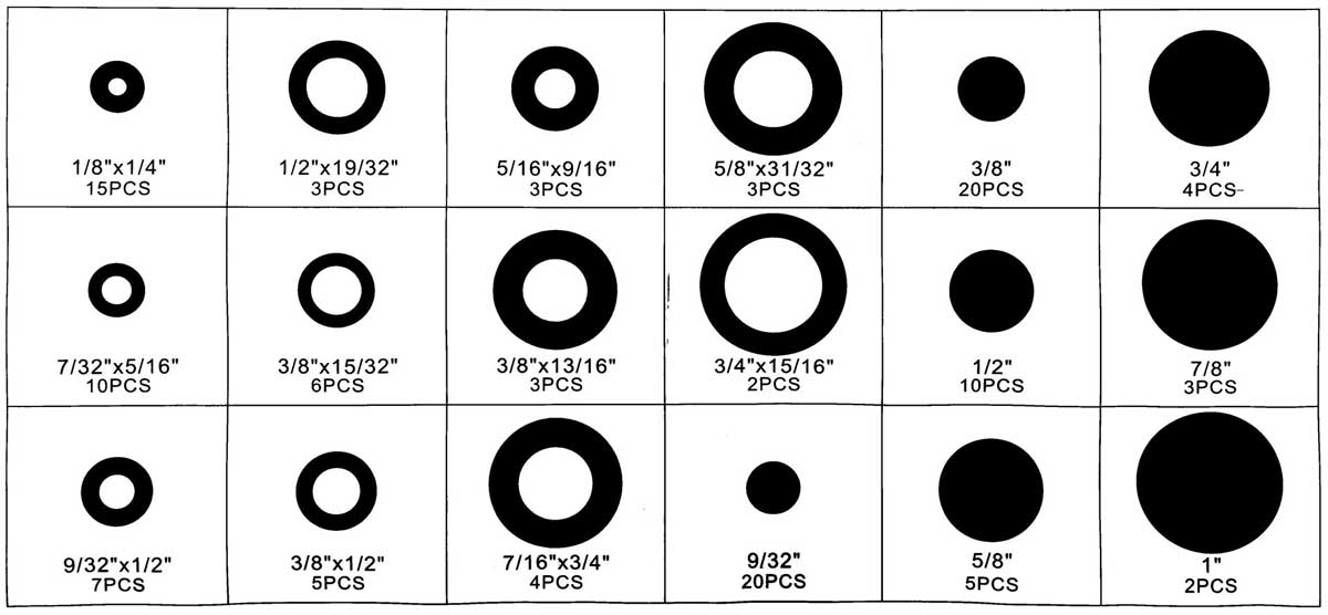 Gumové průchodky 1/8" - 1", otevřené i zavřené, 125 kusů