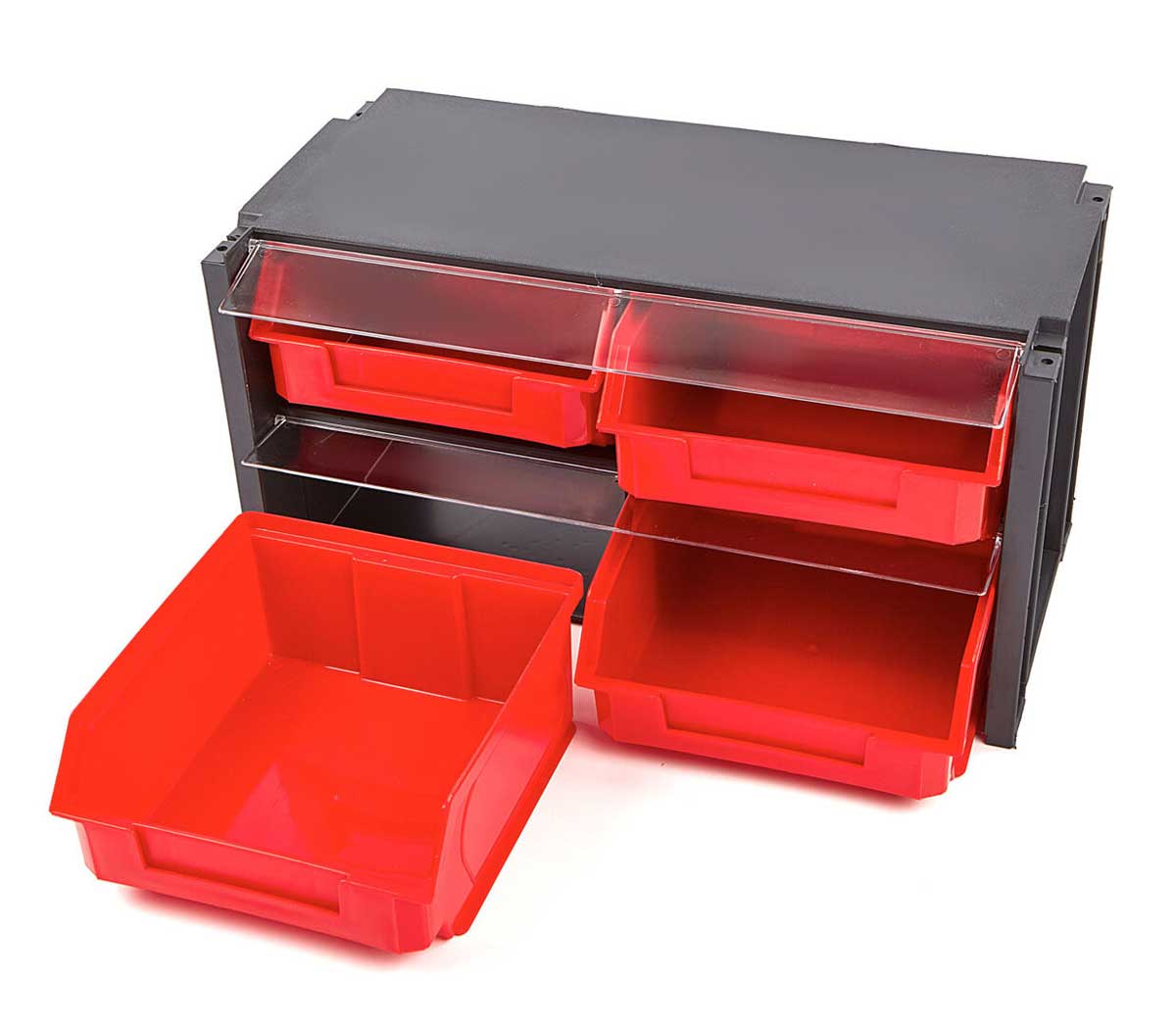 Plastový úložný kontejner / box se 4 zásuvkami a plexi krytem proti prachu