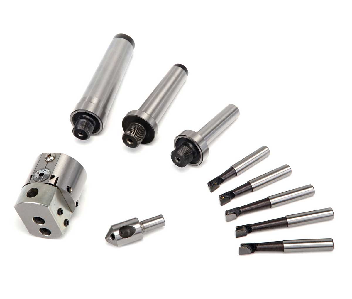 Off-set vyvrtávací hlava s výměnnými kužely MK2 / MK3 a stopkou 12 mm, průměr hlavy 38 mm, včetně karbidových nožů, sada 10 dílů