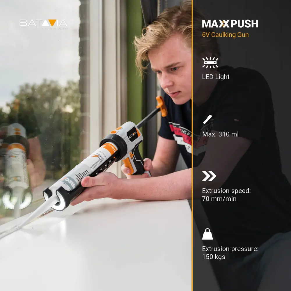 AKU vytlačovací pistole, spárová, tmelící pistole MAXXPUSH, provoz na 4ks AA baterií, tlak 150kg, pro objem kartuše 290-310ml, BATAVIA
