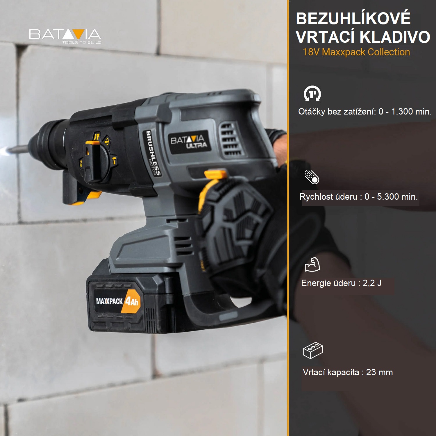 Aku bezdrátové, vrtací kladivo, bezuhlíkový motor, SDS+, 18V Li-Ion, energie 2,2J, 5500 úderů za minutu, bez baterie a nabíječky, bateriová platforma MAXXPACK BATAVIA