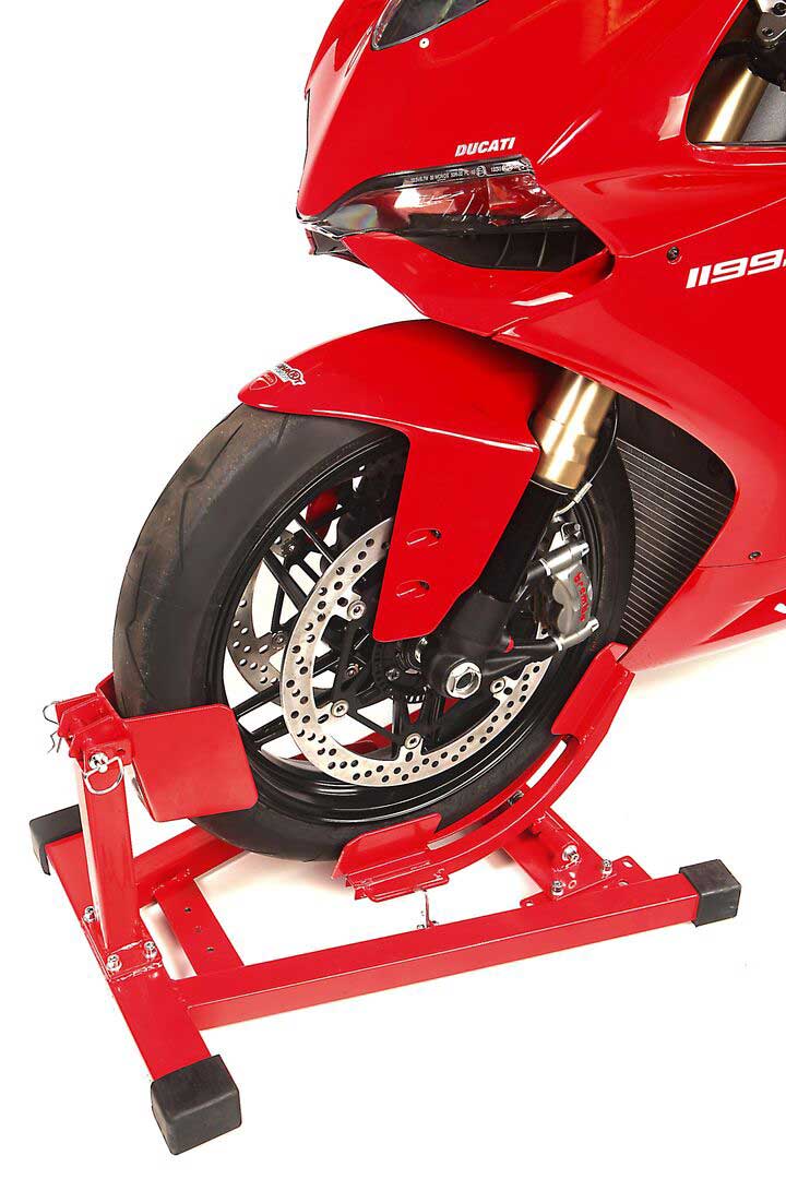 Motocyklový protipojezdový stojan pro uchycení přední pneumatiky - Model 2