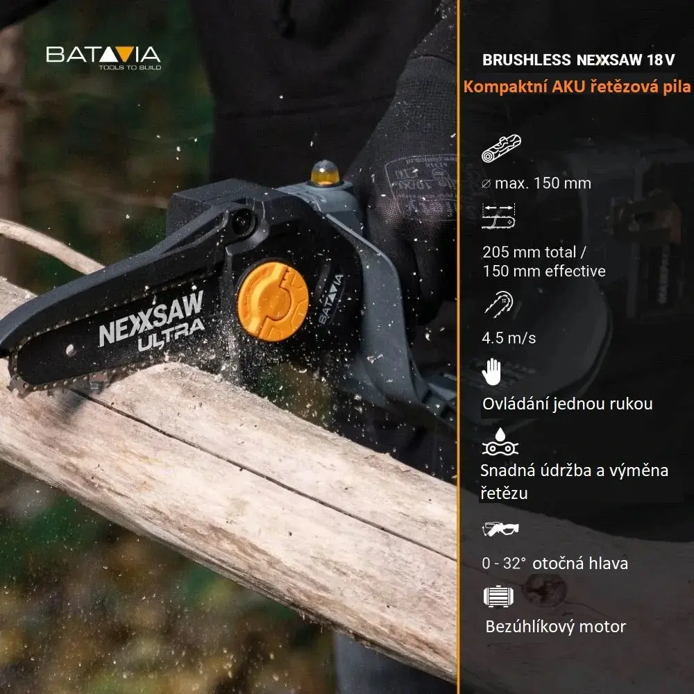 AKU elektrická řetězová pila, jednoruční AKU pilka na větve 18V Li-Ion, bezuhlíkový motor, délka lišty 180mm, hloubka řezu 150mm, bez baterie a nabíječky, bateriová platforma MAXXPACK, NEXXSAW ULTRA V3.2 BATAVIA