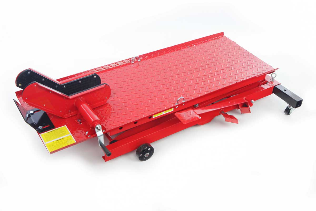 Hydraulický motocyklový zvedák 100, zvednutí až 360 kg, hmotnost 100 kg, červený