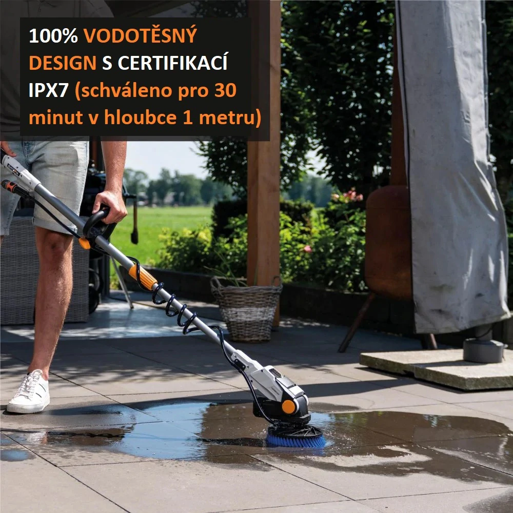 AKU rotační čistící kartáč TWIN BRUSH na všechny druhy povrchů, teleskopický 1,35 - 1,8 m, kartáč na čištění solárních panelů a bazénů, 18V Li-Ion, bez nabíječky a baterie, bateriová platforma MAXXPACK BATAVIA