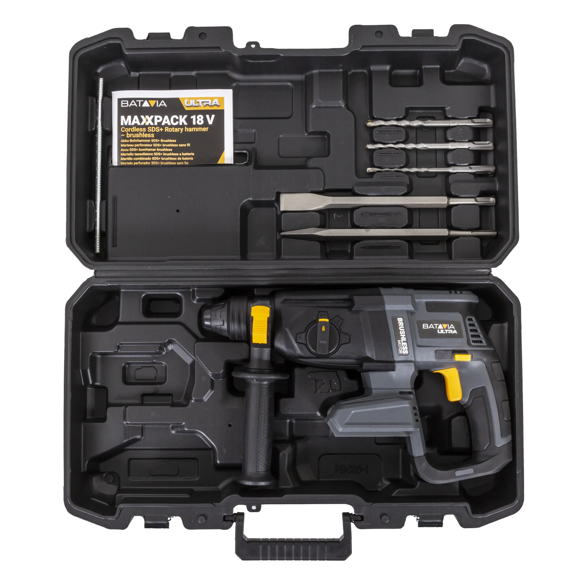 Aku bezdrátové, vrtací kladivo, bezuhlíkový motor, SDS+, 18V Li-Ion, energie 2,2J, 5500 úderů za minutu, bez baterie a nabíječky, bateriová platforma MAXXPACK BATAVIA