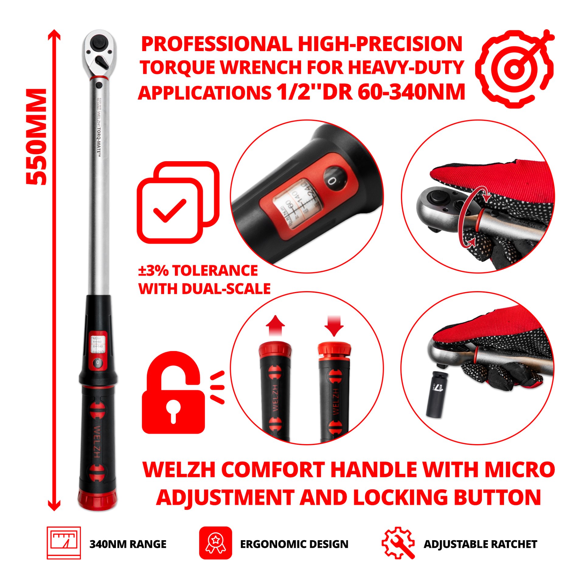 Momentový klíč ''Torq-Mate'', 1/2'', 60-340 Nm, Welzh