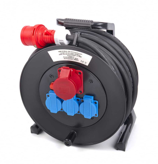 3f neoprénový prodlužovací kabel s cívkou a zásuvkami, vstup 380 V,  výstup 380V a 230V,  5 x 2.5 mm, délka 25 m