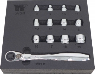 Gola sada 3/8", extra krátké pro stísněné prostory 8 - 19 mm,CrV, 13 dílů, Welzh