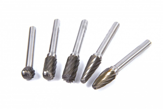 Karbidové stopkové frézy různých tvarů, stopka 6 mm, průměr 10 mm, pro neželezné materiály, 5 ks