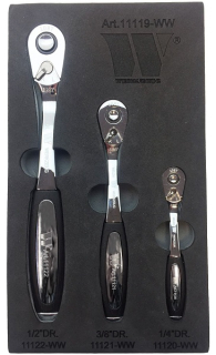 Sada ráčen 1/2", 3/8", 1/4", s přepínací páčkou a vyhazovákem, 108 zubů, 3 ks, Welzh