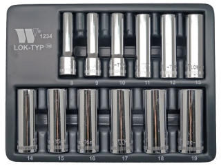 Nástrčné hlavice 3/8", Lok-TYP, 6 hran, 8 - 19 mm, prodloužené, sada 12 dílů, Welzh