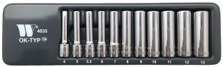 Nástrčné hlavice 1/4", Lok-TYP, 6 hran, 4 - 13 mm, prodloužené, CrV, sada 10 dílů, Welzh