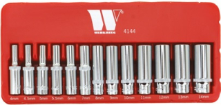 Nástrčné hlavice 1/4", 6 hran, 4 - 14 mm, CrV, prodloužené, sada 13 dílů, Welzh
