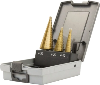 Vrtáky stupňovité 4 - 12 mm, 4 - 20 mm, 4 - 30 mm, sada 3ks, HSS-TiN, Welzh