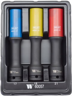 Hlavice nástrčné na šrouby kol s plastovou krytkou 1/2", 17 - 21 mm, extra dlouhé 150 mm, sada 3 kusy, Welzh