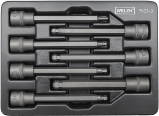 Hlavice zástrčné 3/8", Inbus s koulí, s hrotem HB3-HB10, extra dlouhé 110 mm, S2, sada 7 dílů, Welzh