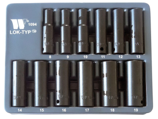Nástrčné hlavice CrMo tvrzené 3/8", Lok-TYP, 6 hran, 8 - 19 mm, prodloužené, sada 12 dílů, Welzh