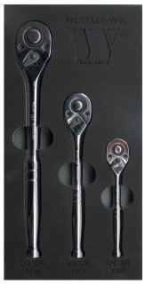 Sada ráčen 1/2", 3/8", 1/4", klasický styl, 72 zubů , s přepínací páčkou a vyhazovákem, WELZH