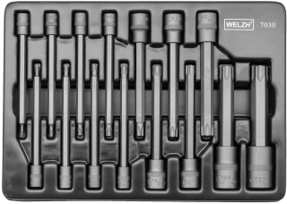 Hlavice zástrčné 1/4", 3/8", 1/2", Torx T6-T70, extra dlouhé 110 mm, S2, sada 15 dílů, Welzh