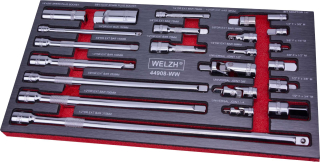 Gola prodloužení 1/2", 3/8", 1/4", redukce a klouby, sada 23 kusů, Welzh
