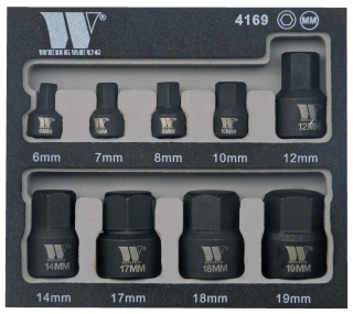 Hlavice zástrčné 3/8" a 1/4", Inbus 6-19 mm, extra krátké, sada 9 dílů, Welzh