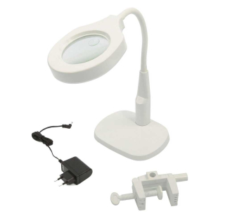 Pracovní LED světlo 125 mm, s lupou, podstavcem a upínací svorkou